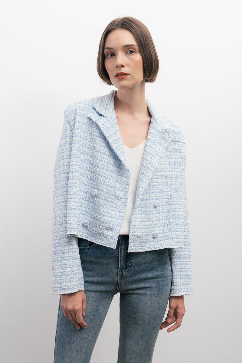 Cropped Tweed Blazer Blue